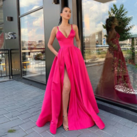 Satin Deep V Neck Long Dress - Thumbnail 2