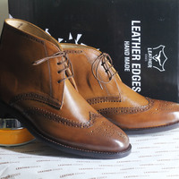 Handmade Men's Ankle High Brown Wing Tip Leather Lace Up Boots - Thumbnail 1