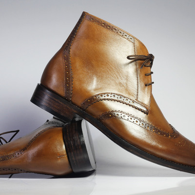 Handmade men's ankle high brown wing tip leather lace up boots - Thumbnail 3