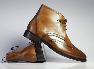 Handmade Men's Ankle High Brown Wing Tip Leather Lace Up Boots
