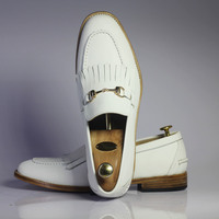 Handmade White Fringe Leather Loafers Shoes For Men's - Thumbnail 3
