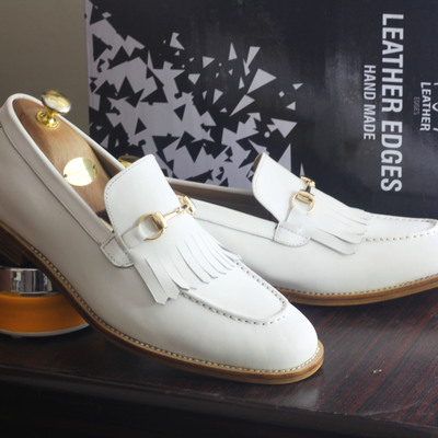 Handmade white fringe leather loafers shoes for men's - Thumbnail 1