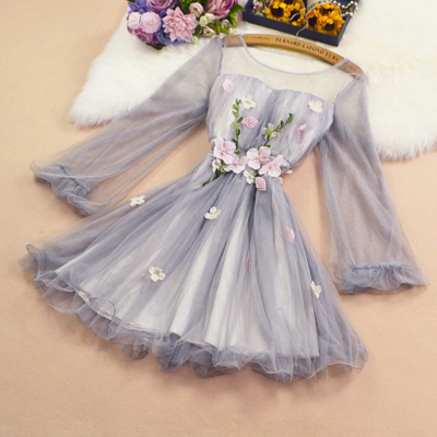 Mesh sleeve tulle party lace dress  - Thumbnail 5