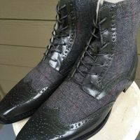 Handmade Men’s Black Grey Color Lace Up Boots, Leather Tweed High Ankle Boots - Thumbnail 1