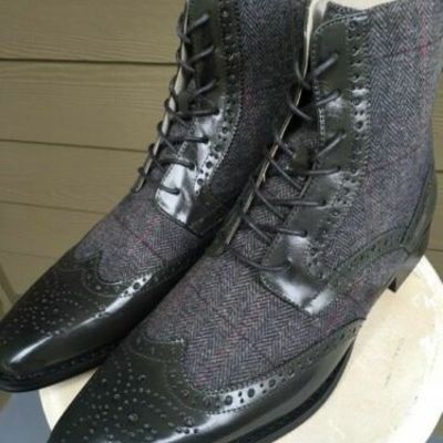 Handmade men’s black grey color lace up boots, leather tweed high ankle boots - Thumbnail 5