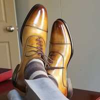 Handmade Men's Tan Leather Burnished Toe Lace Up Dress Derby Fashion Shoes - Thumbnail 1