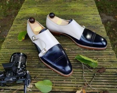 Handmade Monk Shoes Navy Blue & White Leather shoes, Men's formal Dress Shoes