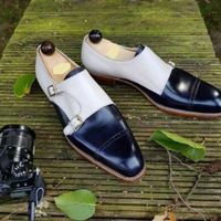 Handmade Monk Shoes Navy Blue & White Leather shoes, Men's formal Dress Shoes - Thumbnail 4