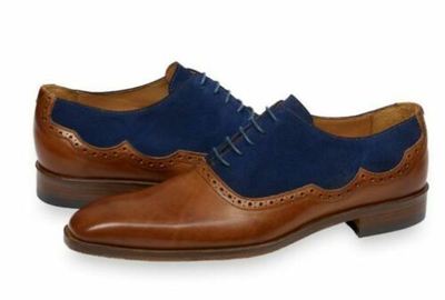 Men's Two Tone Blue Suede Brown Genuine Leather Derby Toe Handmade Lace up Shoes