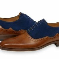 Men's Two Tone Blue Suede Brown Genuine Leather Derby Toe Handmade Lace up Shoes - Thumbnail 4