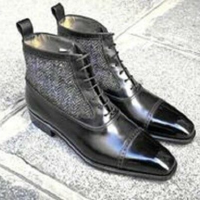 Handmade grey tweed ankle boot men's leather formal dress black leather boots - Thumbnail 4