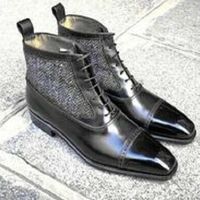 Handmade Grey Tweed Ankle Boot Men's Leather Formal Dress Black Leather Boots - Thumbnail 4