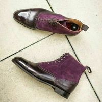Handmade Purple genuine Suede & Brown Leather dress Ankle Boots for Men's - Thumbnail 1
