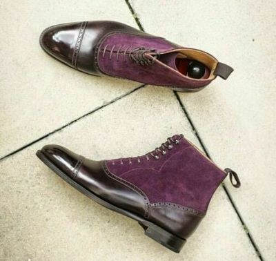 Handmade Purple genuine Suede & Brown Leather dress Ankle Boots for Men's