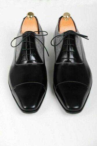 Mens Handmade Formal Shoes Two Tone Oxford Black Leather Gray Suede Dress Boots