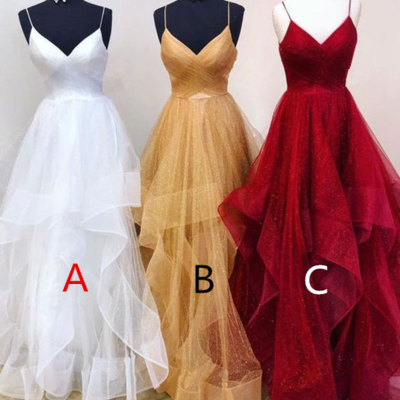 Spaghetti straps a-line tulle prom dress,evening gown - Thumbnail 1