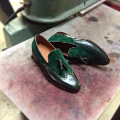 Handmade green leather ans suede shoes, moccasin dress shoes for men, wingtip