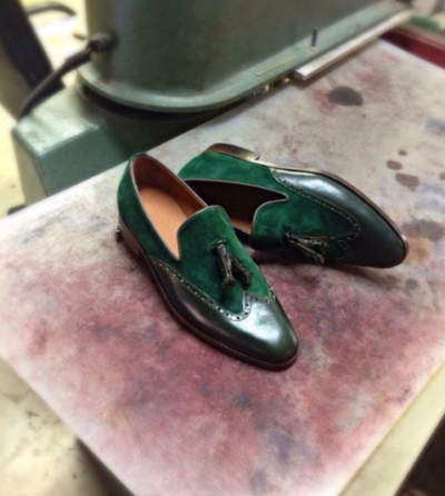 Handmade green leather ans suede shoes, moccasin dress shoes for men, wingtip