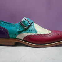Men Multi Colors Monk Buckle Strap Brogue Toe Wing Tip Leather Shoes - Thumbnail 1