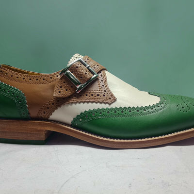 Single buckle strap handmade men multi color monk wing tip brogues toe shoes