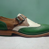 Single Buckle Strap Handmade Men Multi Color Monk Wing Tip Brogues Toe Shoes - Thumbnail 4