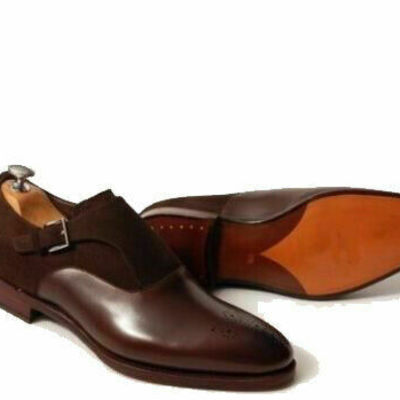 Mens handmade shoes brown suede cow leather monk brogue toe oxford formal shoes
