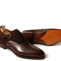 Mens Handmade Shoes Brown Suede Cow Leather Monk Brogue Toe Oxford Formal Shoes - Thumbnail 1
