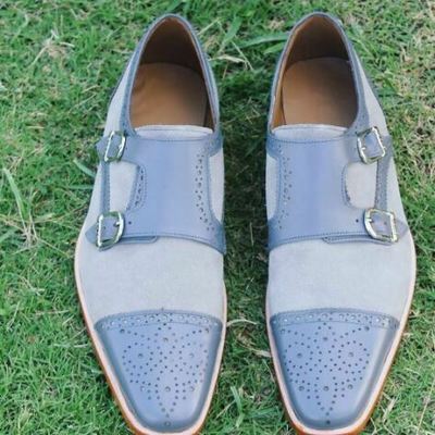 Handmade men gray formal shoes, men double monk dress shoes men leather shoes