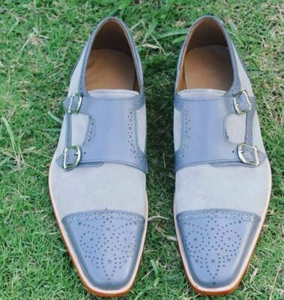 Handmade Men gray formal shoes, Men double monk dress shoes Men leather shoes