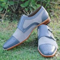Handmade Men gray formal shoes, Men double monk dress shoes Men leather shoes - Thumbnail 1