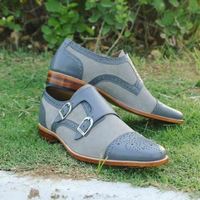 Handmade Men gray formal shoes, Men double monk dress shoes Men leather shoes - Thumbnail 3