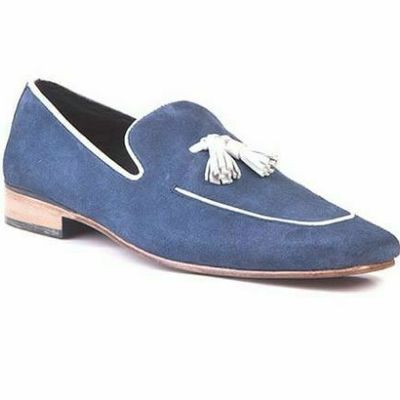 Handmade men navy blue suede leather tassels moccasins shoes loafer slip ons