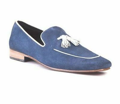 Handmade Men Navy blue Suede leather Tassels moccasins shoes loafer slip ons