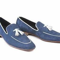 Handmade Men Navy blue Suede leather Tassels moccasins shoes loafer slip ons - Thumbnail 1