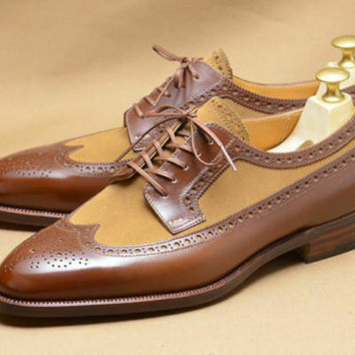 Handmade men brown color wingtip brogue formal dress shoes, men formal shoes