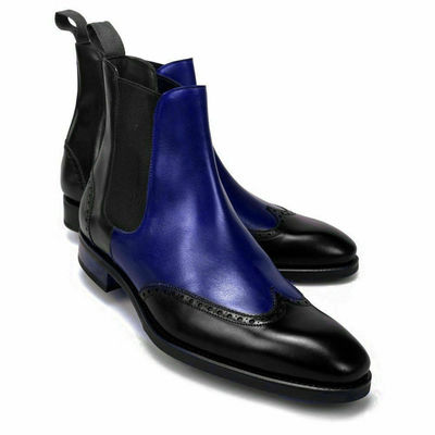 Handmade men two tone boots, wingtip leather chelsea boots, blue dress boots men - Thumbnail 3