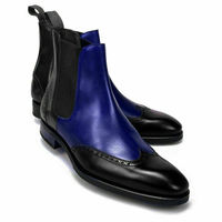 Handmade men two tone boots, wingtip leather chelsea boots, blue dress boots men - Thumbnail 1