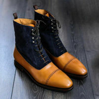 Handmade Men’s Blue & Tan Color Lace Up Boots, Leather High Ankle Derby Boots - Thumbnail 1