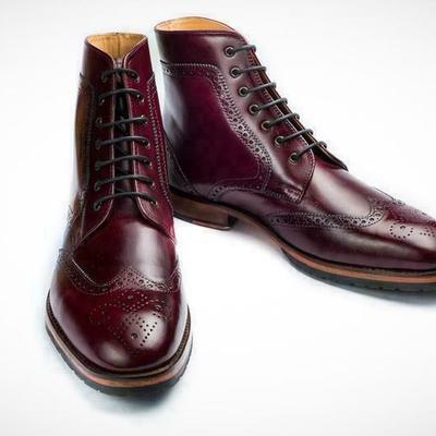 New burgundy color high ankle brogue toe wing tip vintage leather lace up boots - Thumbnail 4