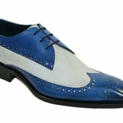 Blue white burnished full brogue toe wing tip genuine leather laceup men's shoes