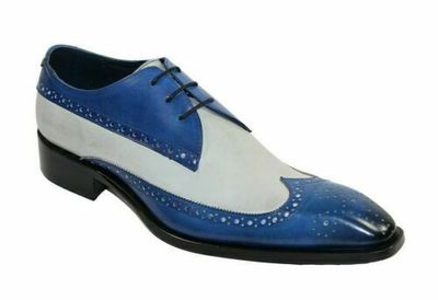 Blue White Burnished Full Brogue Toe Wing Tip Genuine Leather Laceup Men's Shoes