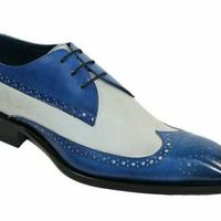 Blue White Burnished Full Brogue Toe Wing Tip Genuine Leather Laceup Men's Shoes - Thumbnail 1