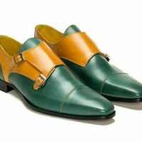 Two Tone Tan Green Monk Double Buckle Strap Derby Cap Toe Vintage Leather Shoes - Thumbnail 4