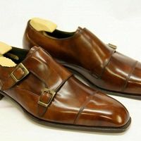 Shiny Brown Color Monks Double Buckle Strap Derby Cap Toe Genuine Leather Shoes - Thumbnail 1