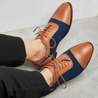 Handmade Men’s Leather Suede Lace Up Stylish Shoes, Men’s Brown Navy Blue Cap To - Thumbnail 1
