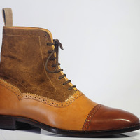 Handmade Men's Ankle High Brown Cap Toe Leather Suede Lace Up Boots - Thumbnail 1