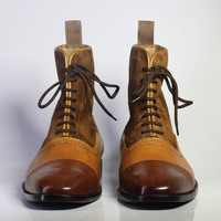 Handmade Men's Ankle High Brown Cap Toe Leather Suede Lace Up Boots - Thumbnail 2