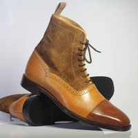 Handmade Men's Ankle High Brown Cap Toe Leather Suede Lace Up Boots - Thumbnail 3