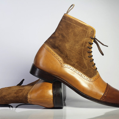 Handmade men's ankle high brown cap toe leather suede lace up boots - Thumbnail 3