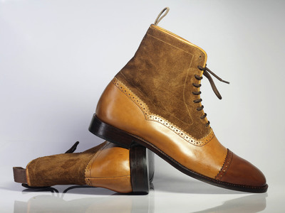 Handmade Men's Ankle High Brown Cap Toe Leather Suede Lace Up Boots